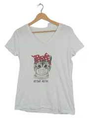 Vorschaubild 1 von Damen T-Shirt Katze Maske Abstand Halten Gr. L Weiß Bio