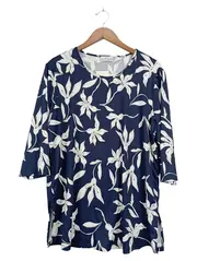 Vorschaubild 1 von InPrint Damen Bluse Blumenmuster Blau Weiß 3/4-Arm Gr. M