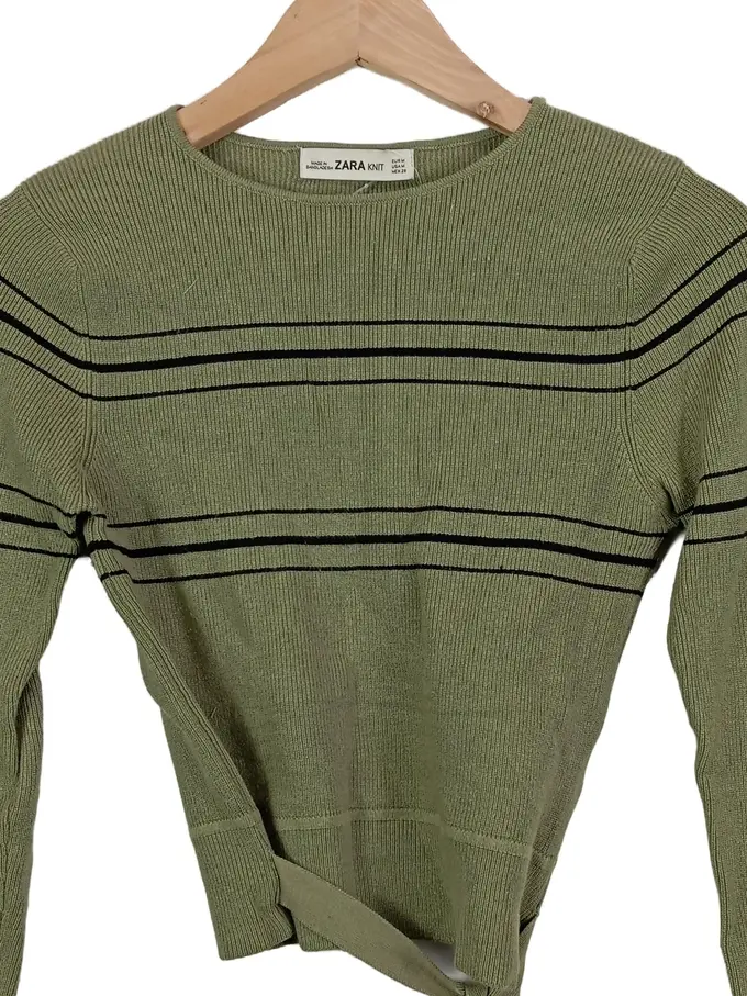 ZARA Damen Pullover 38/M Grün Gestreift Langarm Casual Rippstrick