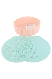 Vorschaubild 1 von Backform Silikon Rosa Rund mit 2 Schablonen Kuchenform Backzubehör