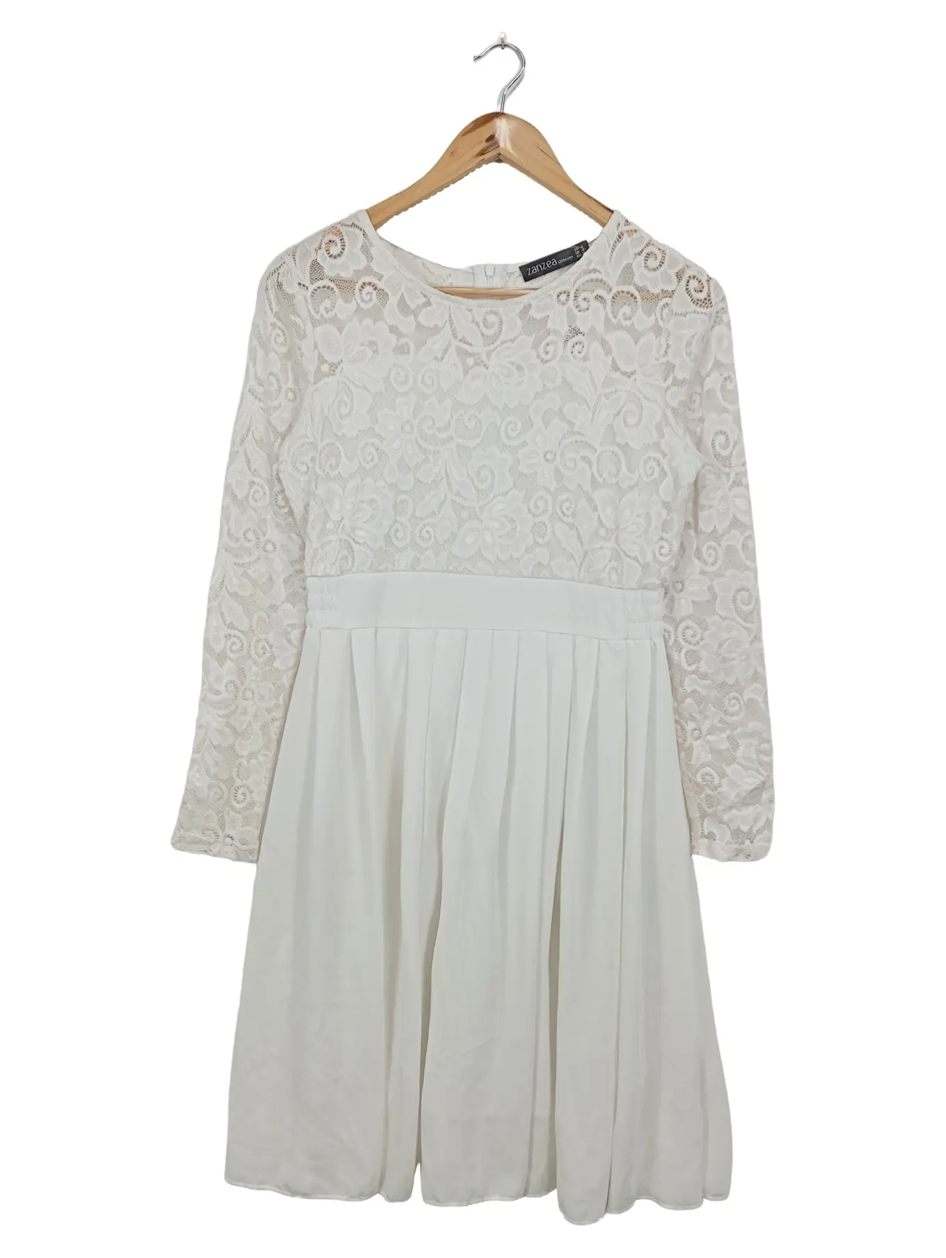 ZANZEA Damen festliches Kleid Gr. 36/S Weiß Spitze Elegant Midikleid Langarm