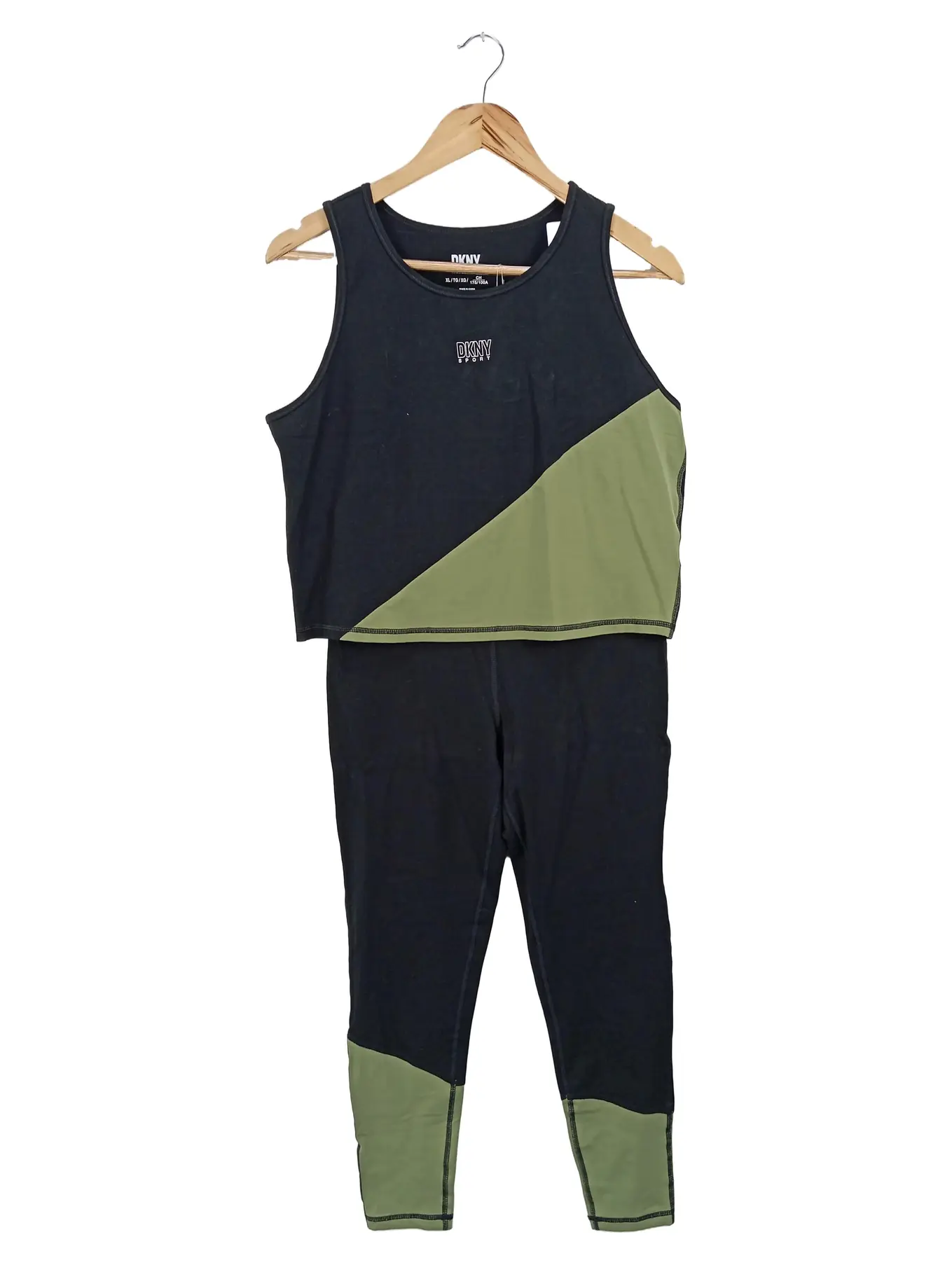 DKNY SPORT Twin Set Damen XL Tank Top Leggings Schwarz Grün Sportbekleidung