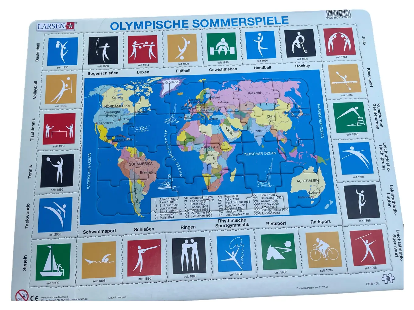LARSEN Puzzle Weltkarte Olympische Spiele Lernpuzzle Kinder 80 Teile