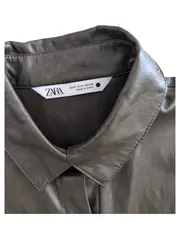 Vorschaubild 7 von Damen Blusenkleid Kunstleder Hemdkleid Gürtel Oliv Gr. S Modern