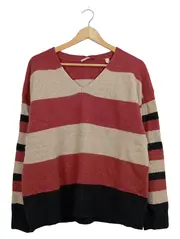 Vorschaubild 1 von Damen Pullover V-Ausschnitt Gestreift Gr. L Rot Beige Schwarz