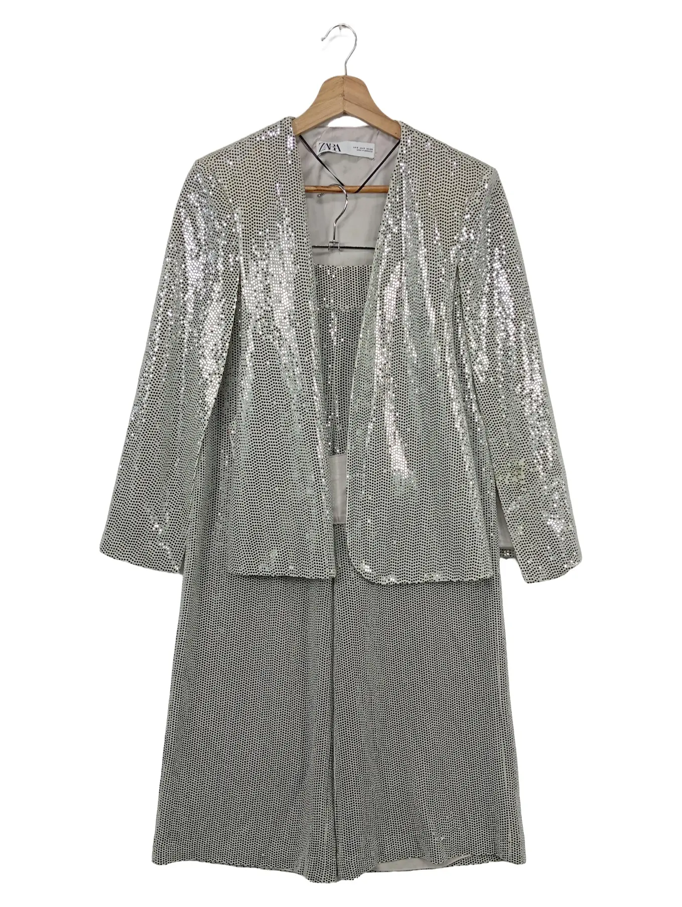 ZARA Damen Hosenanzug Blazer Hose Set S Silber Pailletten Elegant Festlich