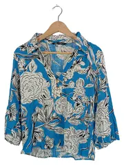 Vorschaubild 1 von Damen Bluse Blumenmuster 3/4 Arm Viskose Leinen Blau Gr. 34 XS