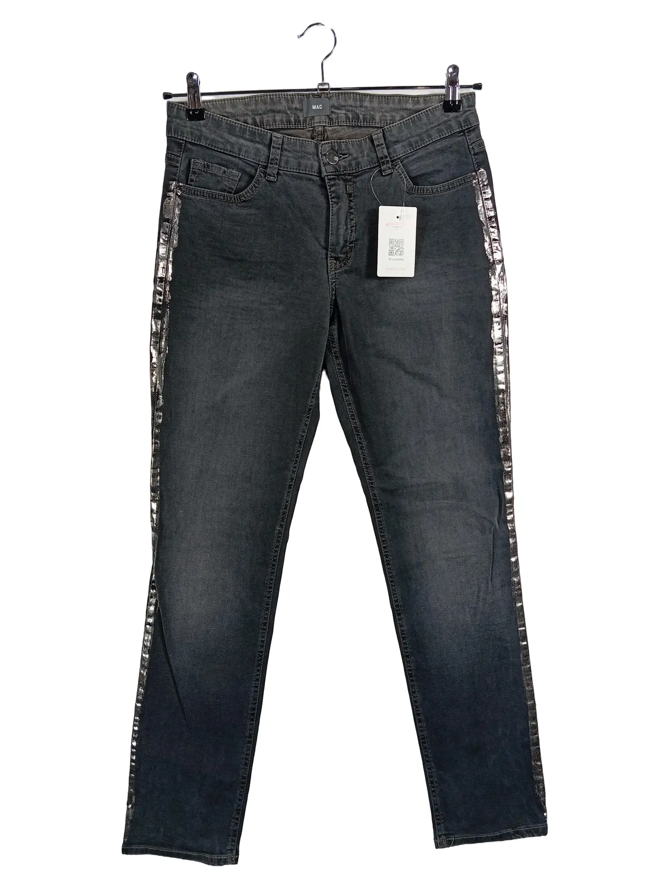 MAC Damen Mom Jeans Gr. 40/L Grau Casual mit seitlichem Streifen