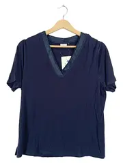 Vorschaubild 1 von Damen T-Shirt Kurzarm Baumwolle Lederdetails Blau Gr. 34/XS