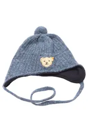 Vorschaubild 1 von Kinder Mütze Gr. 49 Blau Wolle Bommel Bären-Applikation Wintermütze