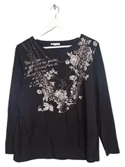 Vorschaubild 1 von Damen T-Shirt Gr. 40/L Schwarz Langarm Schriftzug Blumenmuster