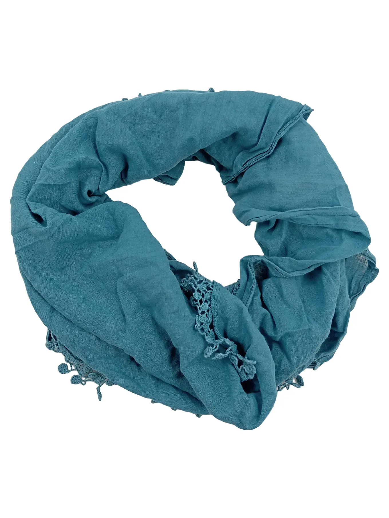 MARKENLOS Damen Dreieckstuch Halstuch Petrol Baumwolle Häkelborte Bohemian Fransen
