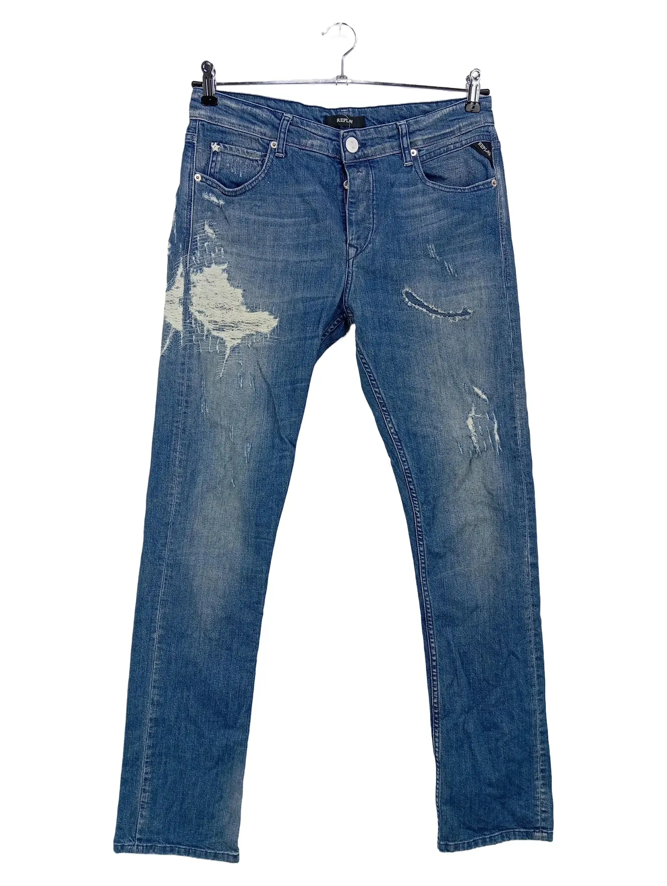 REPLAY Herren Jeans Slim Fit W28 Blau Used Look Baumwolle Casual