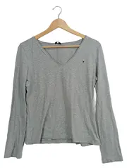 Vorschaubild 1 von Damen Langarmshirt Gr. 36/S Grau Casual V-Ausschnitt Baumwolle