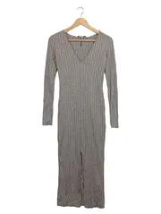 Vorschaubild 2 von Damen Strickkleid Rippstrick V-Ausschnitt Langarm Grau Gr. M