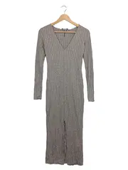 Vorschaubild 1 von Damen Strickkleid Rippstrick V-Ausschnitt Langarm Grau Gr. M