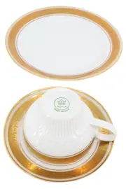 Vorschaubild 2 von Sammelgedeck Porzellan Weiß Gold Dekor Tasse Untertasse Kuchenteller