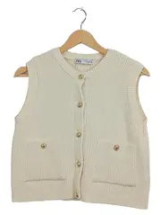 Vorschaubild 1 von Damen Strickweste Pullunder Beige Gr. S Goldknöpfe Rippstrick