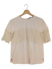 Vorschaubild 1 von Damen Bluse Gr. 36/S Beige Spitze Feminin Kurzarm Oberteil