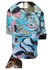 Vorschaubild 2 von Damen T-Shirt Gr. 42 Türkis Abstrakt Retro Muster Kurzarm