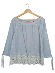 Vorschaubild 1 von Damen Bluse Gr. 40 Blau Lochstickerei Spitze Langarm