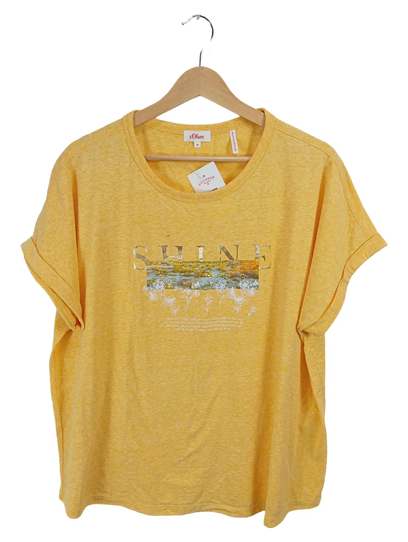S.OLIVER Damen T-Shirt Gr. 46 Gelb SHINE Print Kurzarm Casual