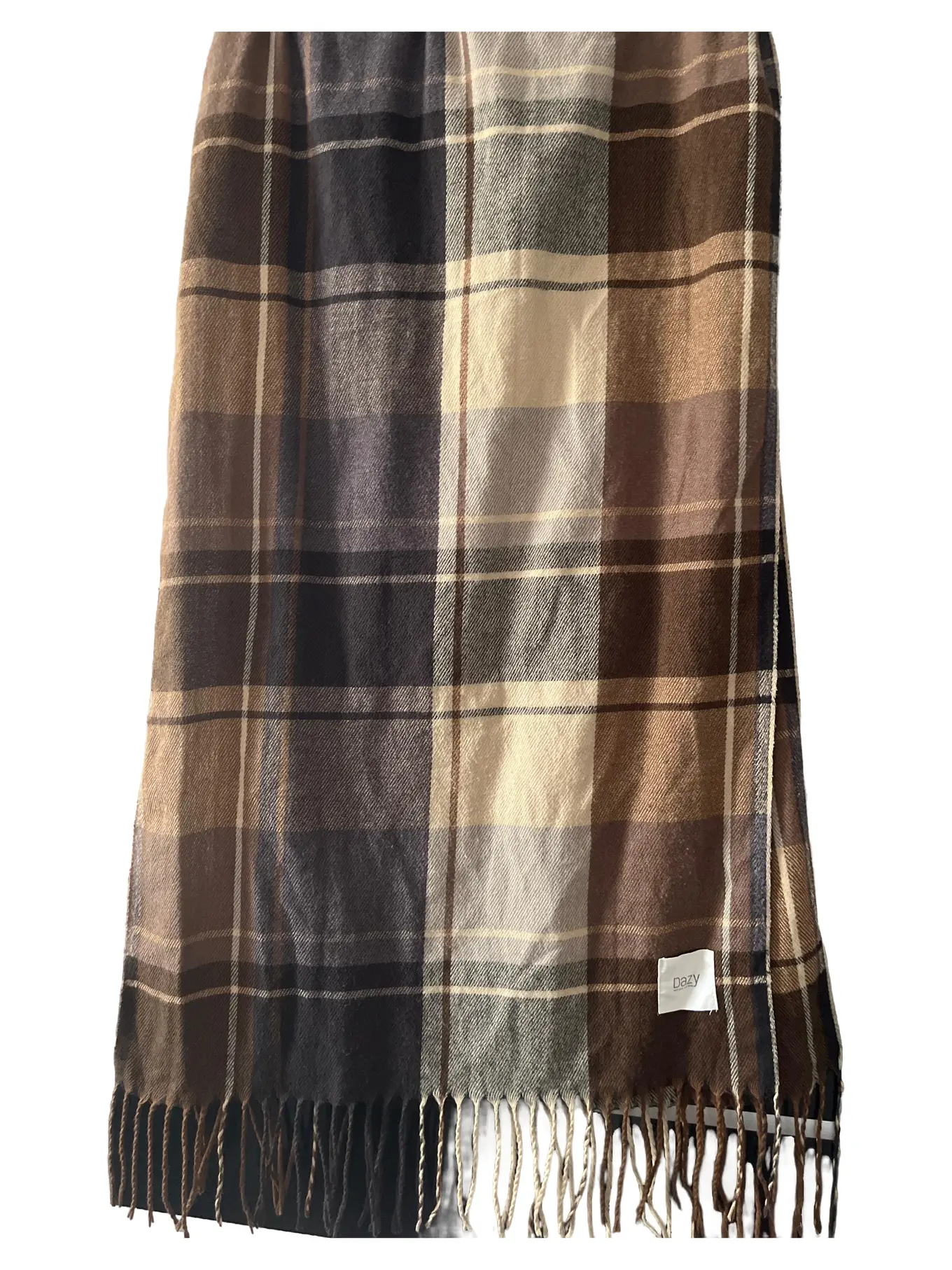 DAZY Damen Schal Kariert Braun Fransen Polyester Freizeit 83x54 cm