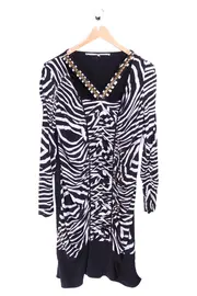 Vorschaubild 1 von Damen Abendkleid Zebra-Print Nieten V-Ausschnitt Langarm Gr. 38/M Schwarz