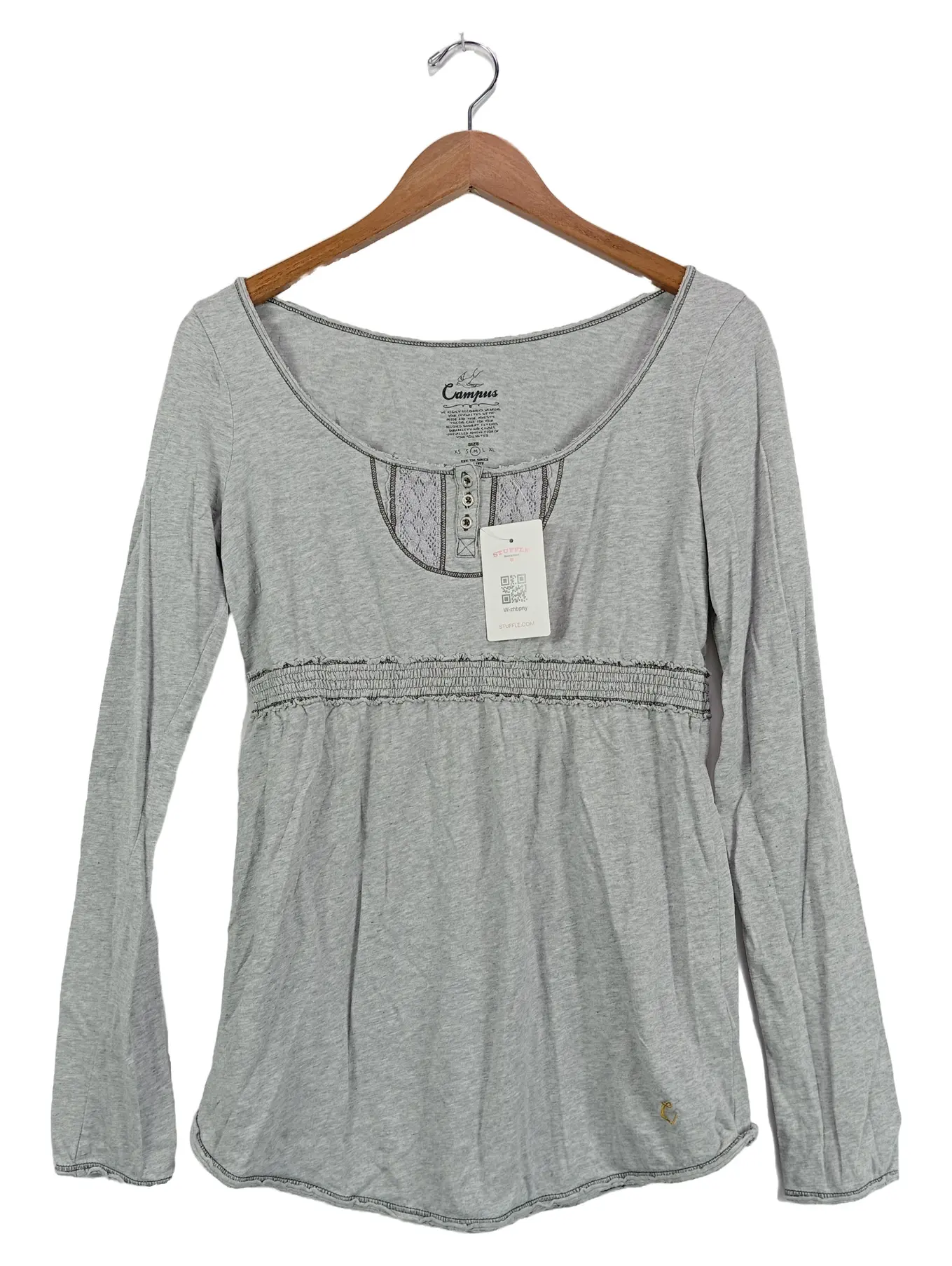 CAMPUS Damen Langarmshirt Gr. 38/M Grau Casual mit Knopfleiste