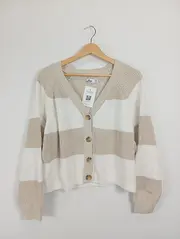 Vorschaubild 2 von Strickjacke Cardigan Damen Gr. 42 XL Beige Weiß Gestreift Baumwolle Mix