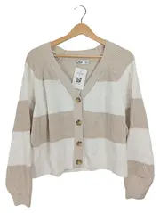 Vorschaubild 1 von Strickjacke Cardigan Damen Gr. 42 XL Beige Weiß Gestreift Baumwolle Mix