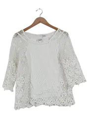 Vorschaubild 1 von TESINI Damen Häkel Bluse Gr. 34 Weiß Casual Lochmuster Frühjahr/Sommer