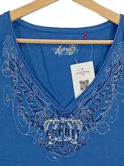 Vorschaubild 2 von Damen Top Flügel-Print Blau Gr. 42/XL Casual Baumwolle