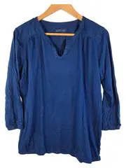 Vorschaubild 1 von Damen Bluse Langarm Gr. 42 Blau Casual Baumwolle V-Ausschnitt
