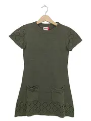 Vorschaubild 1 von Strickkleid Mädchen Gr. 134 Oliv Kurzarm Lochmuster