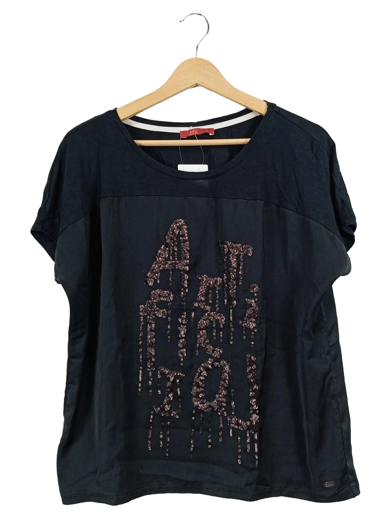 EDC BY ESPRIT EDC Damen T-Shirt Gr. ELF mit Pailletten Schwarz Casual