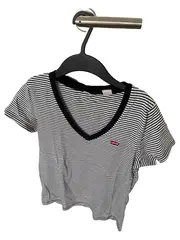 Vorschaubild 2 von Damen T-Shirt gestreift V-Ausschnitt Baumwolle Gr. 36/S Weiß