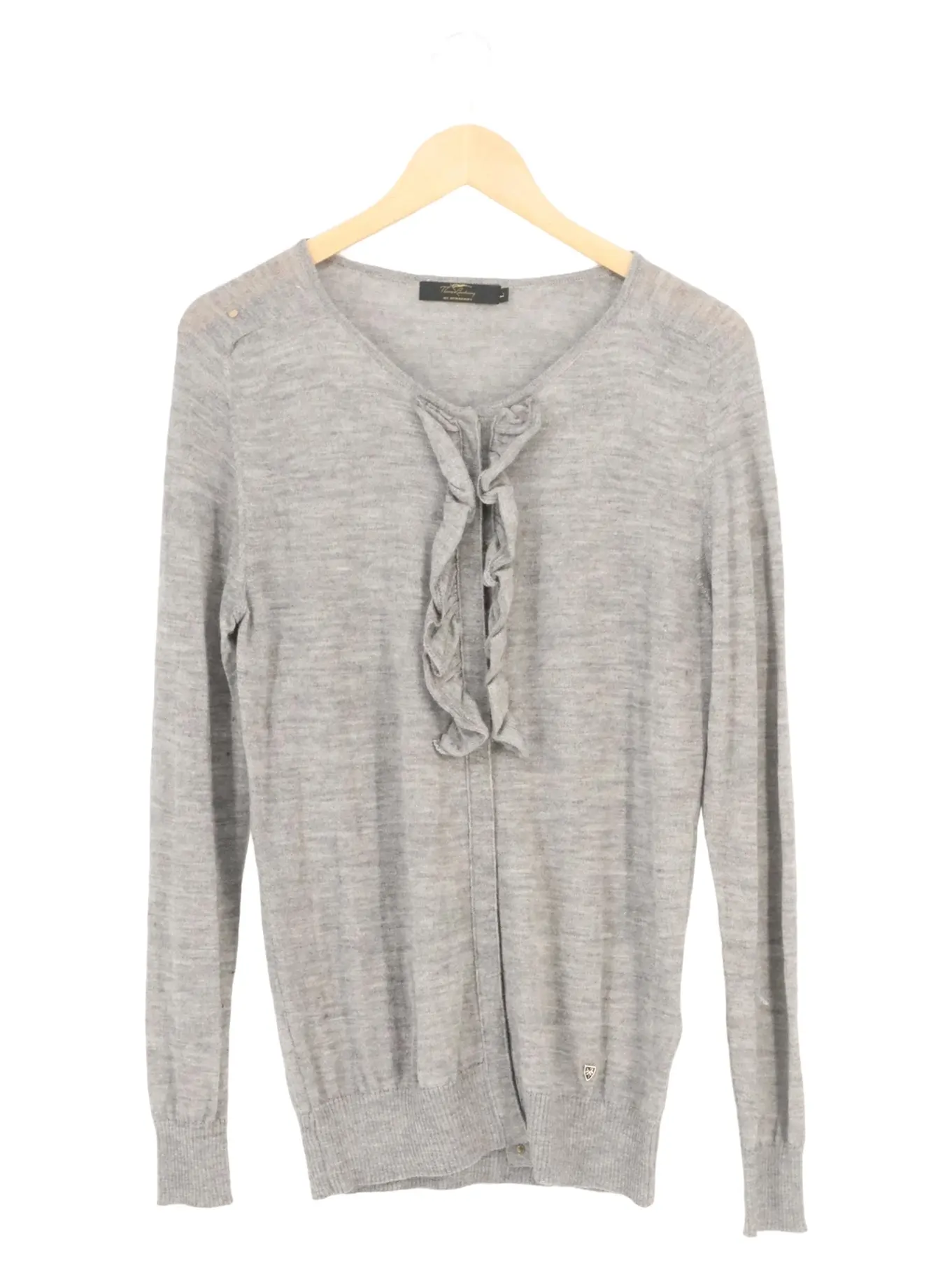 BURBERRY Strickjacke Damen Grau Gr. 40/L Elegant Seide Alpaka Rüschen