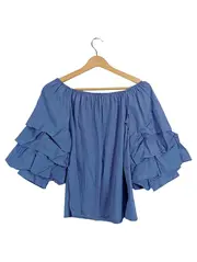 Vorschaubild 1 von Damen Off-Shoulder Bluse Rüschenärmel gestreift blau Gr. XF