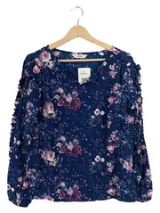 Vorschaubild 1 von Damen Bluse Gr. 40/L Blumenmuster Dunkelblau Rüschen Langarm