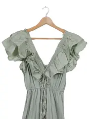 Vorschaubild 3 von Maxikleid Gr. M Rüschen V-Ausschnitt Grün Baumwolle Sommer