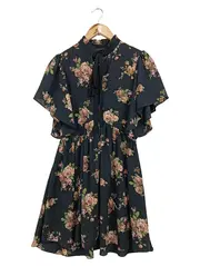 Vorschaubild 1 von Sommerkleid Damen 34/XS Schwarz Mehrfarbig Florales Muster Rüschen