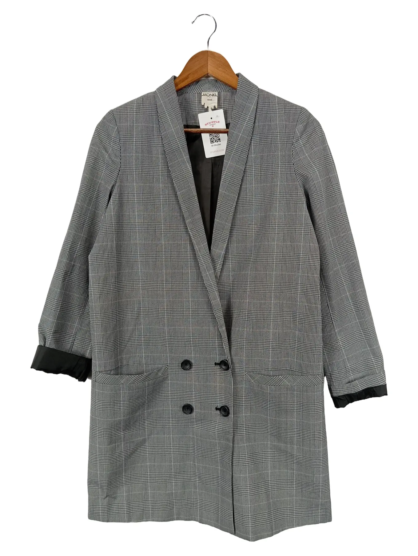 MONKI Damen Klassischer Mantel Gr. 36/S Grau Kariert Business Elegant