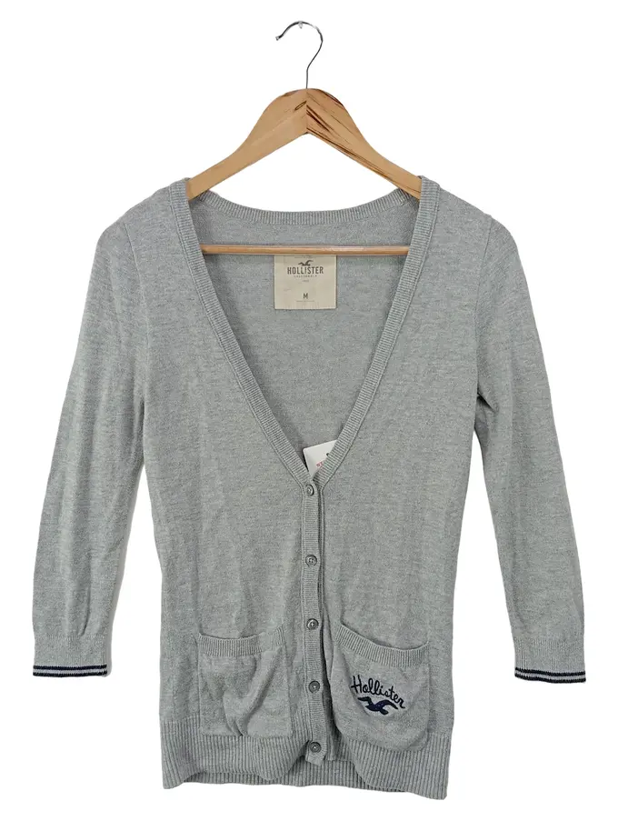 HOLLISTER Strickjacke M/38 Grau Klassisch Preppy Logo-Print