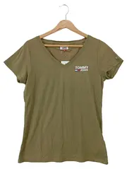 Vorschaubild 1 von Tommy Jeans Damen T-Shirt V-Ausschnitt Oliv Gr. S Logo-Print Casual