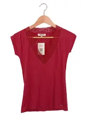 Vorschaubild 1 von Damen T-Shirt Rot Gr. 38/M Casual Basic mit Spitze V-Ausschnitt