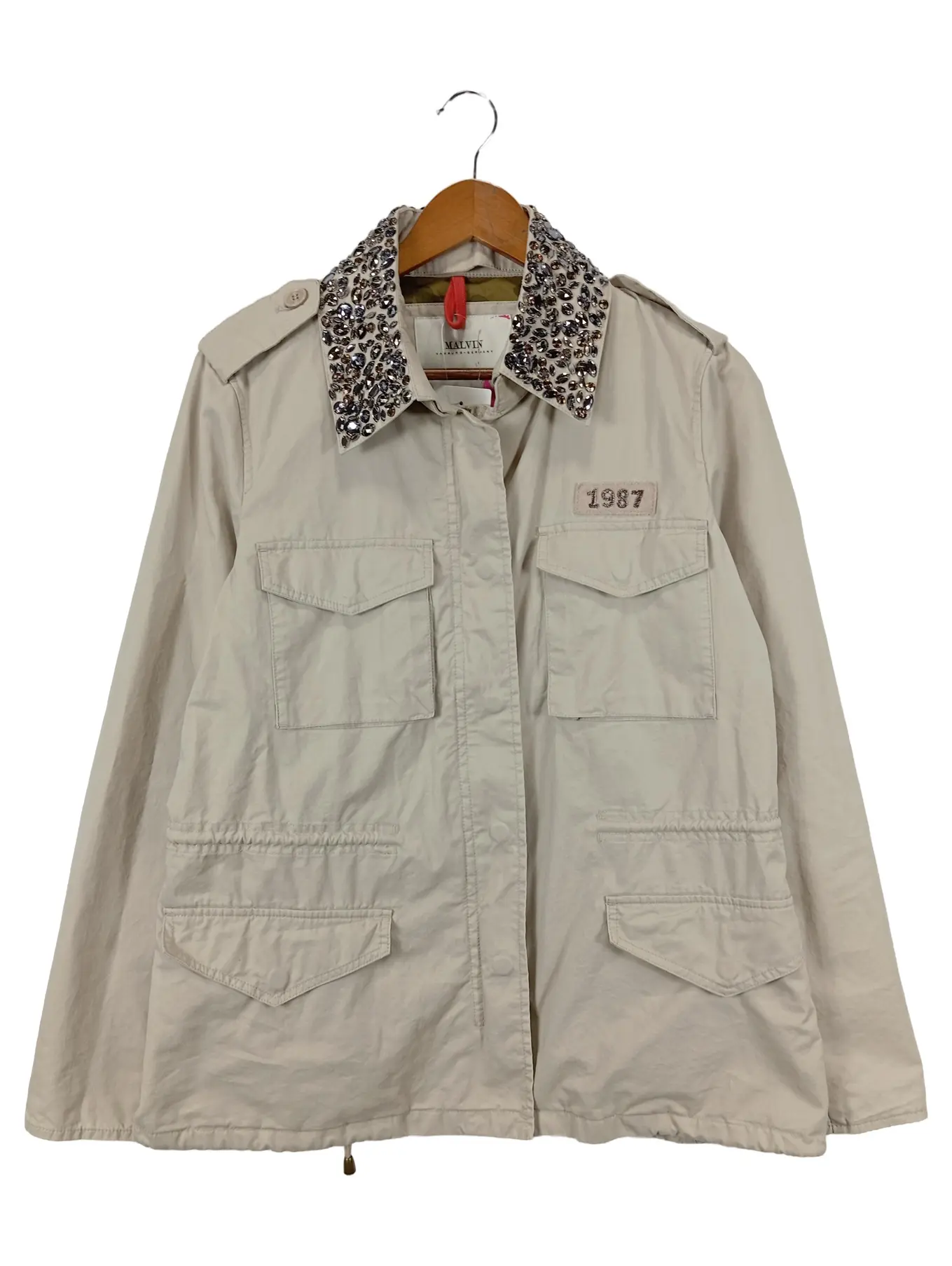 MALVIN Damen Leichte Jacke Gr. 40/M Beige Baumwolle Elegant Strass Schriftzug