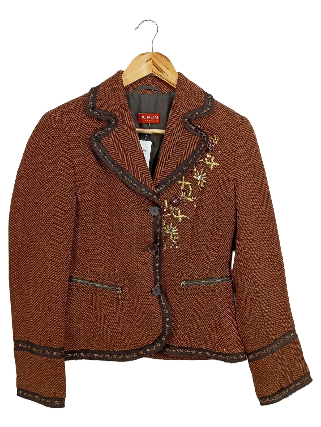 TAIFUN Damen Blazer Gr. 38/M Braun Fischgrätenmuster Stickerei Pailletten Elegant