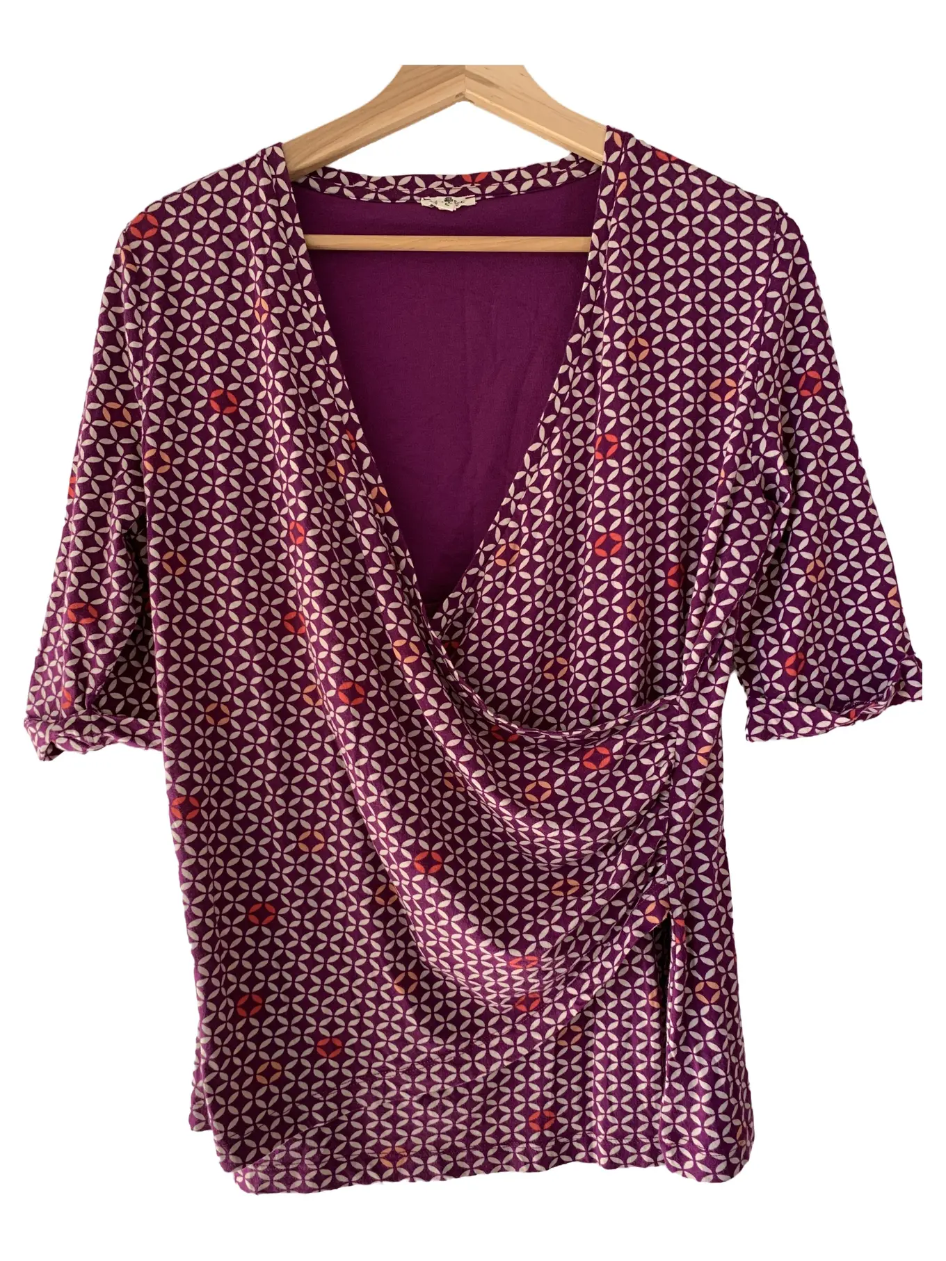 GRÜNE ERDE Damen Bluse L 40 Lila Wickelbluse Geometrisch Bohemian Elegant