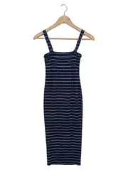 Vorschaubild 2 von Damen Schlauchkleid Gr. 38/M Blau Gestreift Midi Rippstrick